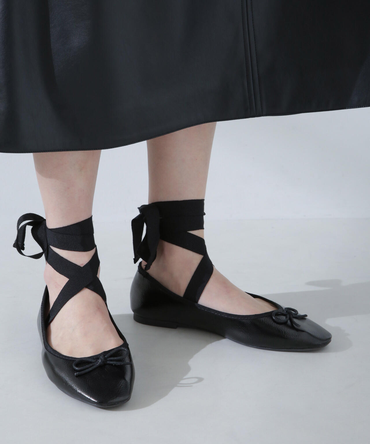 リボン付 ラウンドトゥ バレエシューズ