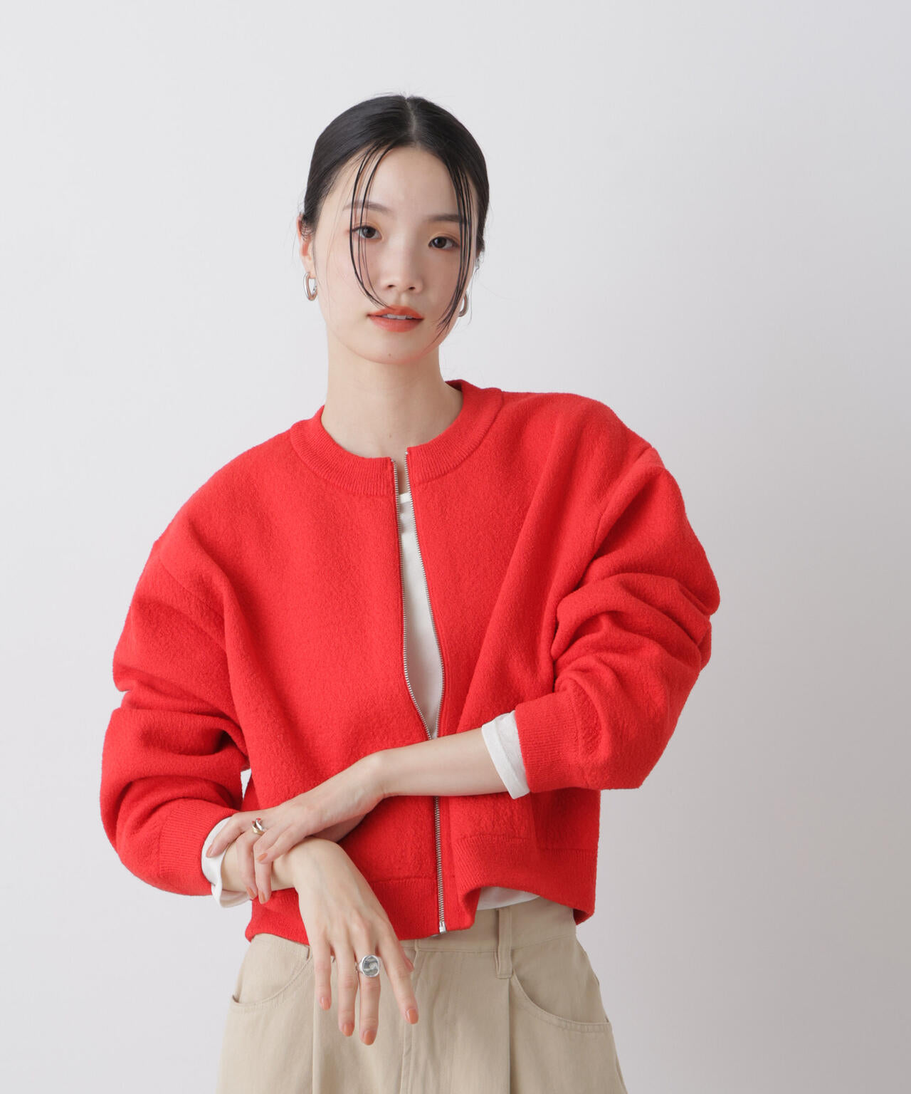 梨地 ダブルフェイス ジップアップ ニット