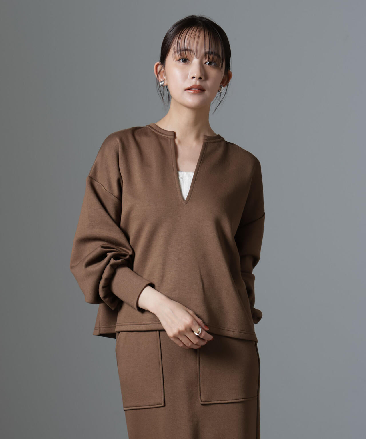裏起毛 ダンボールカット キーネック トップス（ セットアップ 可）