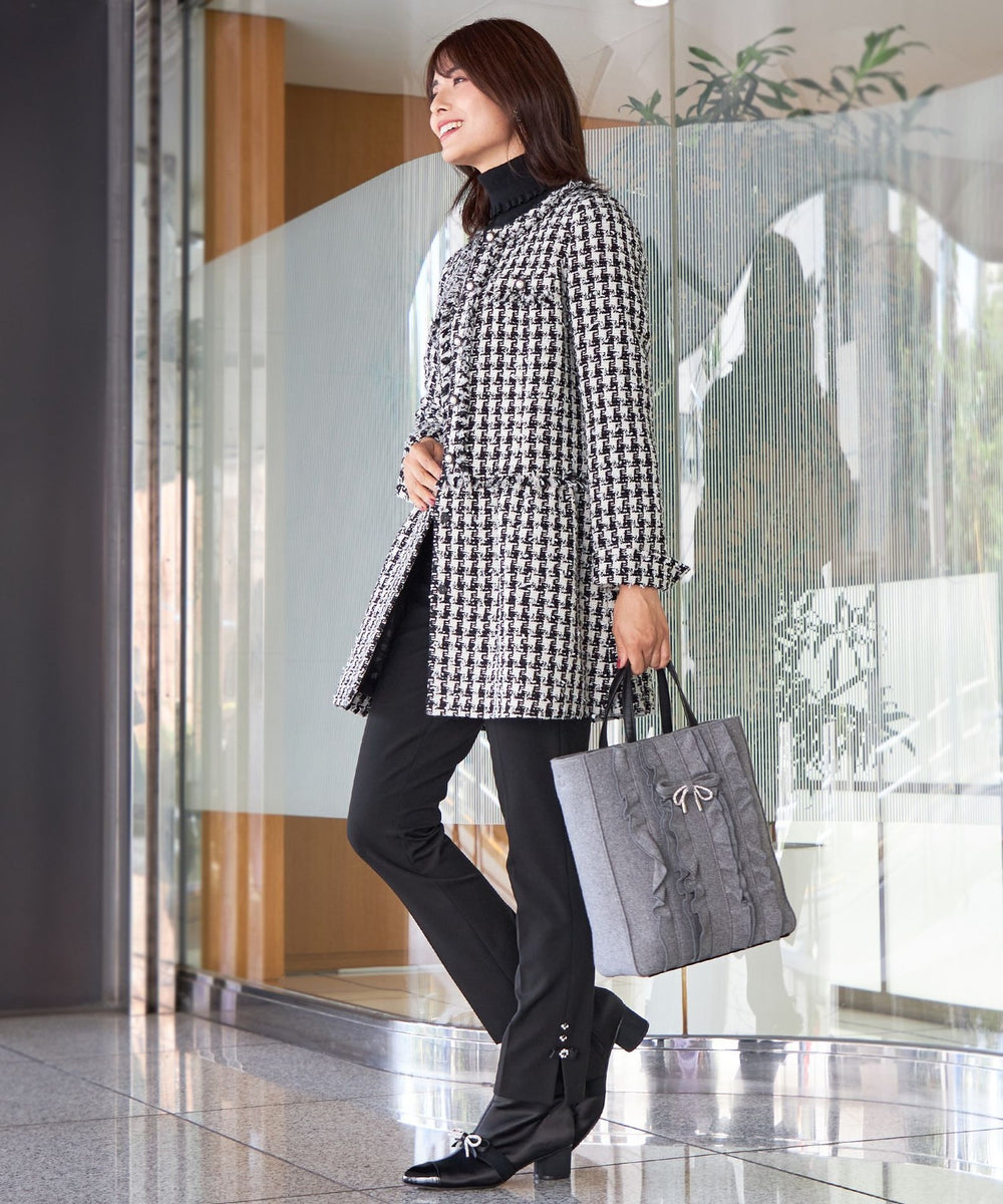 ハウンドトゥースツイードノーカラー ロングジャケット(ジャケット