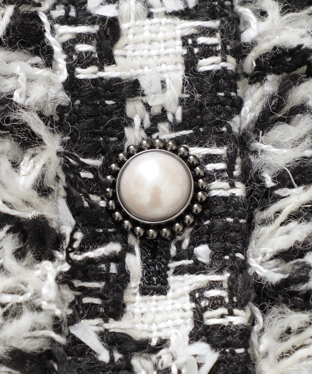 ハウンドトゥースツイードノーカラー ロングジャケット(ジャケット