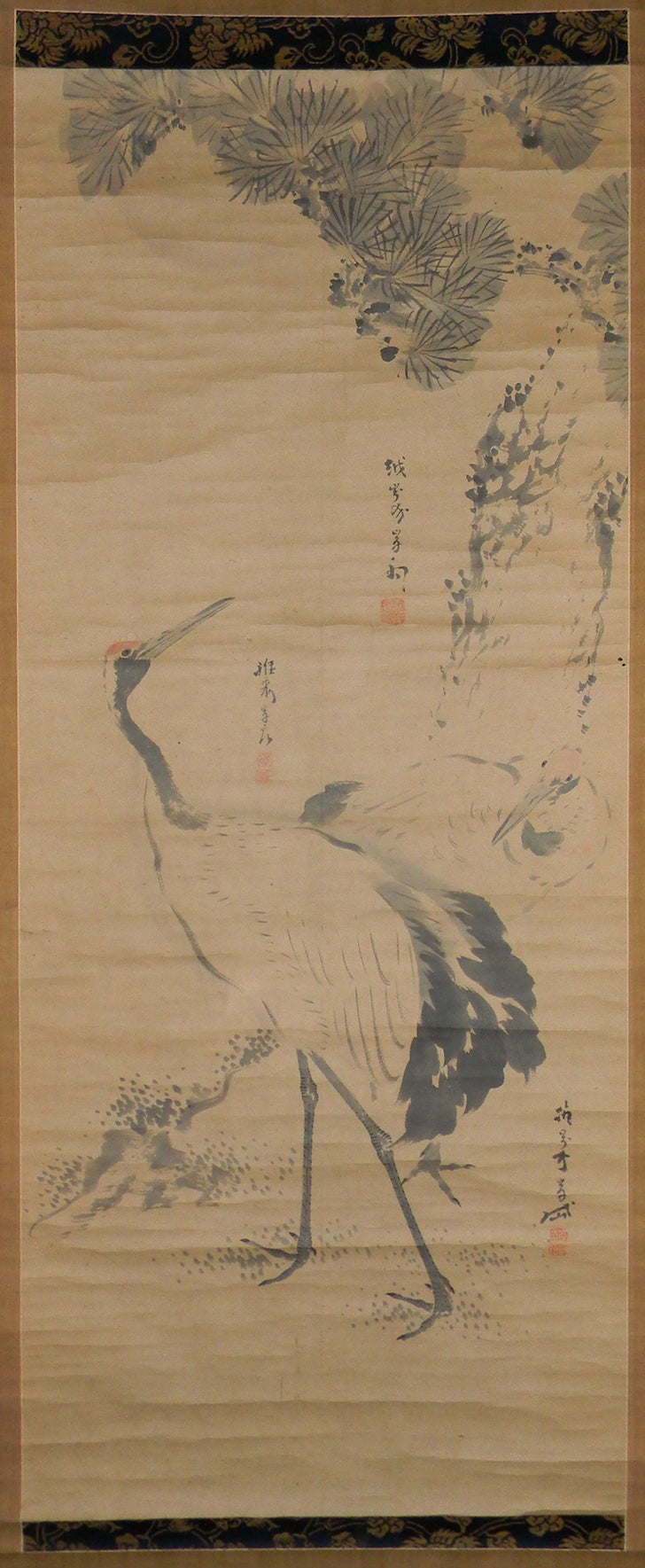 真作/田中納言/松に鳥図/絹表装/桐題箱付/布袋屋掛軸HI-716