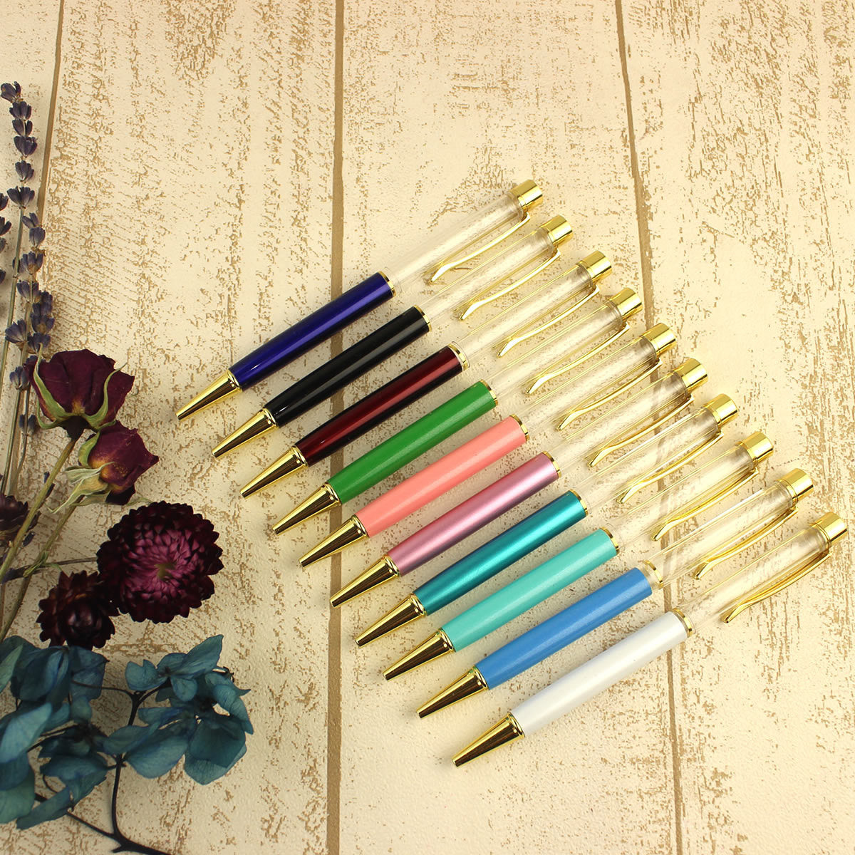 即日☆ ハーバリウムボールペン(金クリップ) ホワイト(ラメ付き) - 花