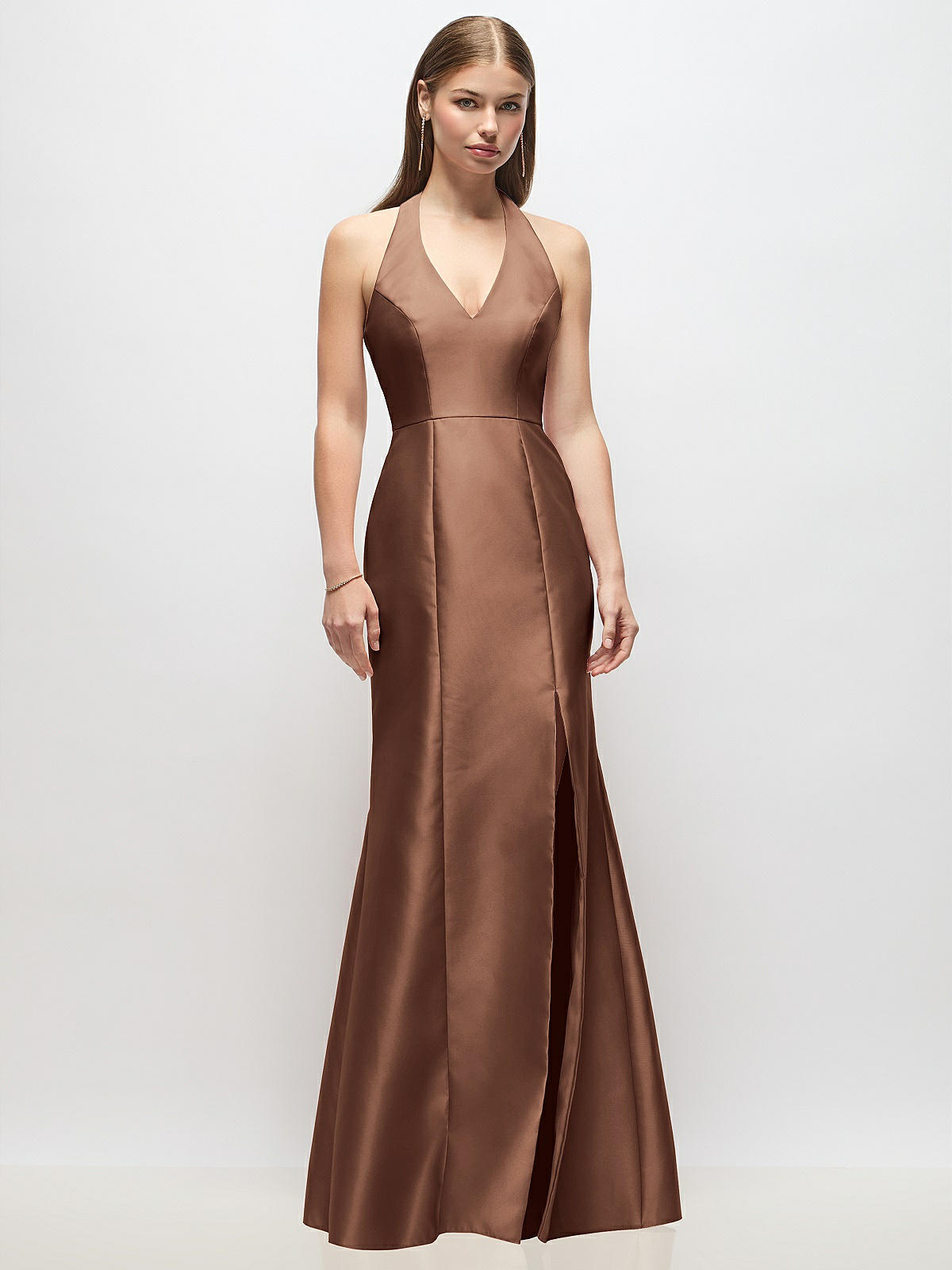 V-neck Halter Satin Trumpet Bridesmaid Dress In Cognac | The Dessy