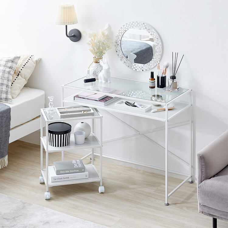 幅85-123.5] パソコンデスク サイドチェスト ガラス天板 スチール脚