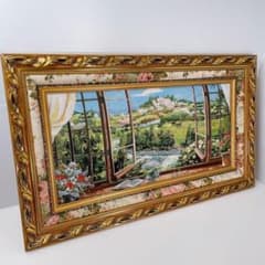 美品】絵画 『窓から眺める丘』 フランス・ゴブラン織り使用 良質 額絵