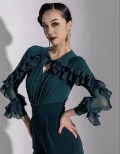 リコ様専用 社交ダンスダークグリーン フリルトップスと切り替え