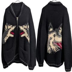 Vintage古着 80s 狼オオカミウルフ カウチンニット ジップアップ 犬