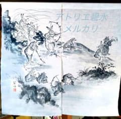暖簾『鳥獣戯画 弓 腕比べ』水墨画家による肉筆 一点物 - メルカリ