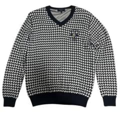 サイズL Callaway裏地防風蓄熱保温 千鳥柄 総織柄Vネックニット