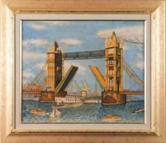 山下清 油彩 肉筆『ロンドンのタワーブリッジ』表と裏サイン F8号 額装
