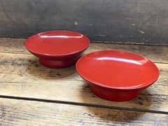 能登蔵出し 輪島塗 朱漆 椿皿 2客セット/ 時代 朱塗 漆器皿 銘々皿