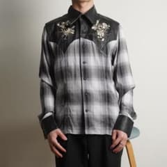 Roen チェック柄 鹿革レザー切替シャツ スカル刺繍 グレー/FZ52 - メルカリ