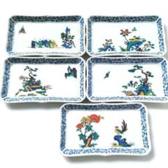 古九谷 九谷焼 九谷青郊 青郊窯 絵変わり 花鳥図 長角皿 角皿 5客揃