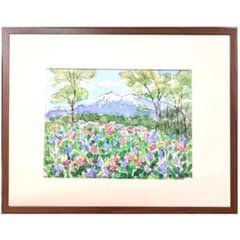 ☆ 境 肇 ☆「カタクリとエゾエンゴサクの見えるニセコ連峰」水彩画