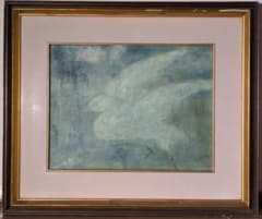 真作】絵画 浦久保義信 油彩 青の調べに舞う白き鳥 幻想空間の飛翔