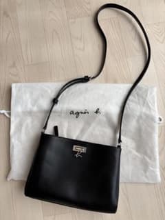 agnès b. ブラックレザーショルダーバッグ ターンロック ロゴ金具 美品