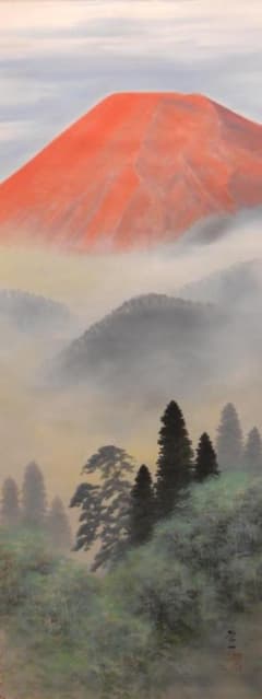 掛け軸 清水栄一 赤富士之図 絹本 希少 軸装 茶道具 掛軸 二重箱 美品
