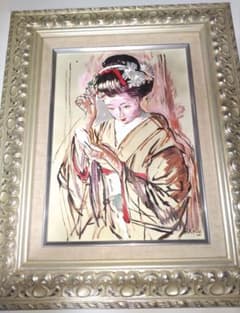 小磯良平、絵画、油彩4号、化粧する舞妓、肉筆、新品高級額縁、高塚