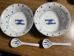 龍峰窯☆青い双魚の絵柄のラーメンどんぶりレンゲセット丼鉢美濃焼 龍