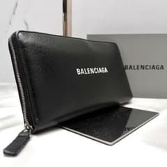 ◇美品◇バレンシアガ ラウンドジップ長財布 白ロゴ×ブラックレザー