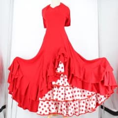 美品 フラメンコ衣装】レッド×豪華ボランテ ワンピース ドレス 水玉