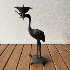 TS67 骨董 鶴亀 燭台 銅製 縁起物 時代物 蝋燭立て キャンドルスタンド