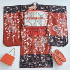 フルセット 七五三7歳女児 茶色地 桜 袋帯 シルバー地 長襦袢付 7292