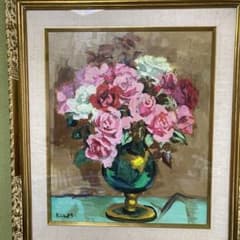 高島屋シール河井達海8号花瓶薔薇油彩画