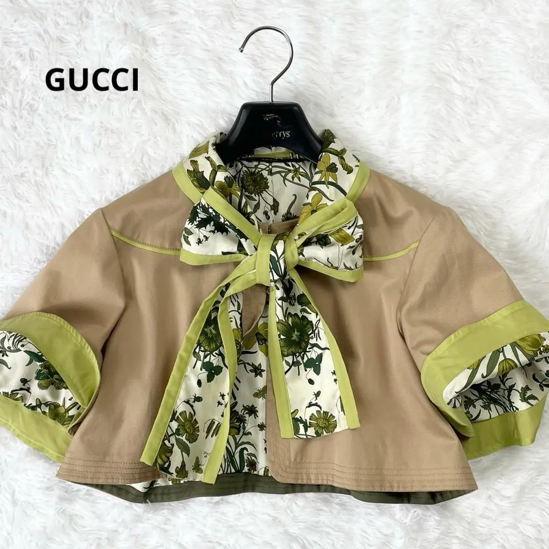 GUCCI ショートポンチョ シルク混 リボンタイ ボタニカル ベージュ 40