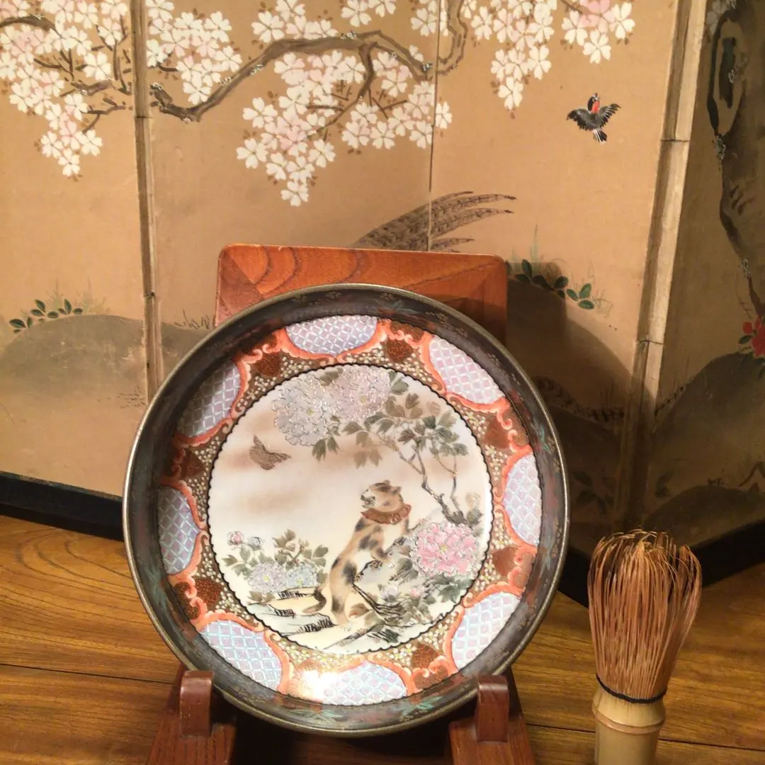 A315 名品九谷焼井出製三毛猫雲錦牡丹蝶紋様鉢小1客