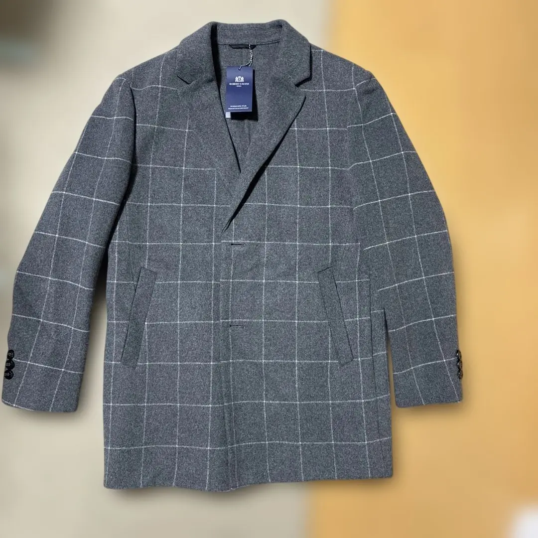 新品 ロベルトカバーニ チェスターコート カシミヤ100 チェック 紺