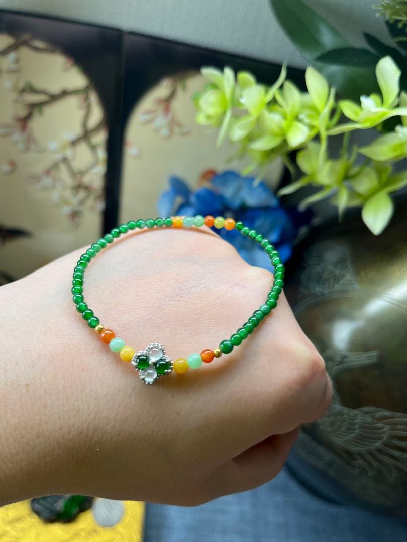 新入荷❣️貴重‼️18kビーズ入り、ロウカン質氷種満陽緑ビーズ&【幸運】四葉草ブレス