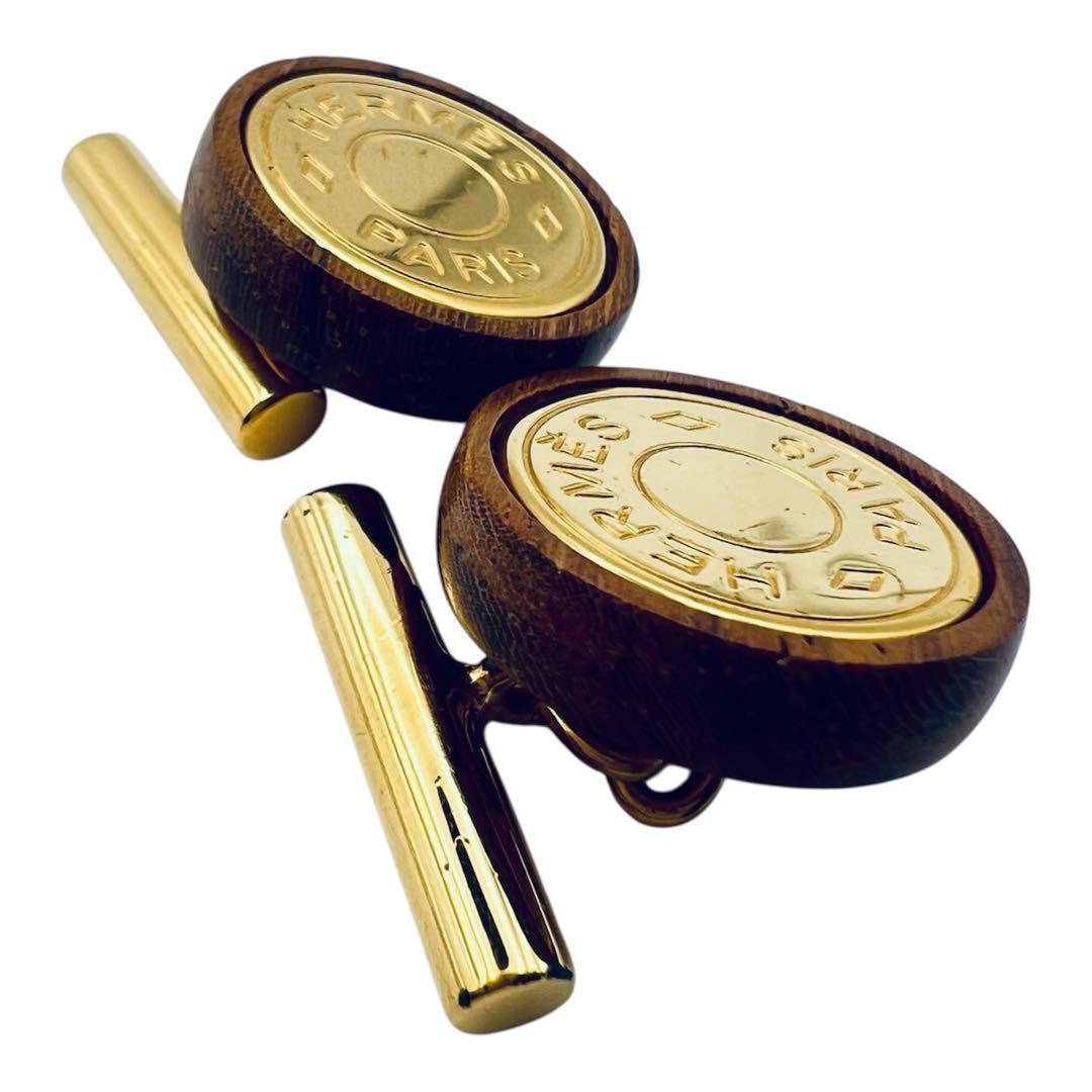 エルメス　セリエ　ウッド　メタル　ゴールド　カフス　カフリンクス