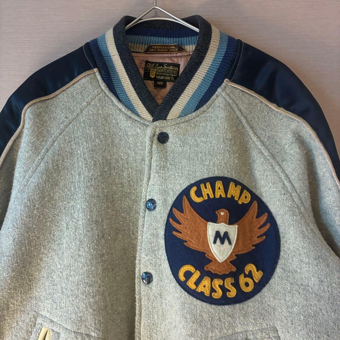 SUGARCANEStyle Eyes スタジャン グレーネイビー　レザー切替