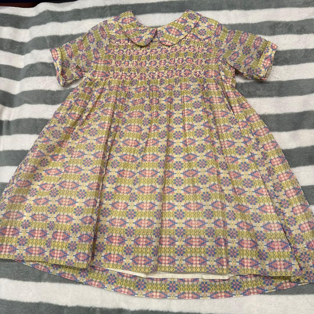 apolina 花柄スモッキングデザイン半袖ワンピース 5-7y