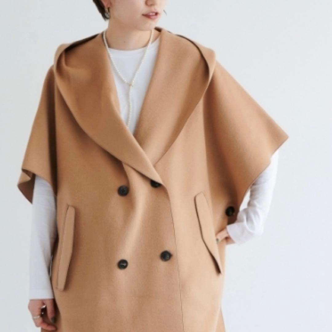 【高島屋購入品】Vaneum クロークフーディポンチョコート　キャメル　ウール