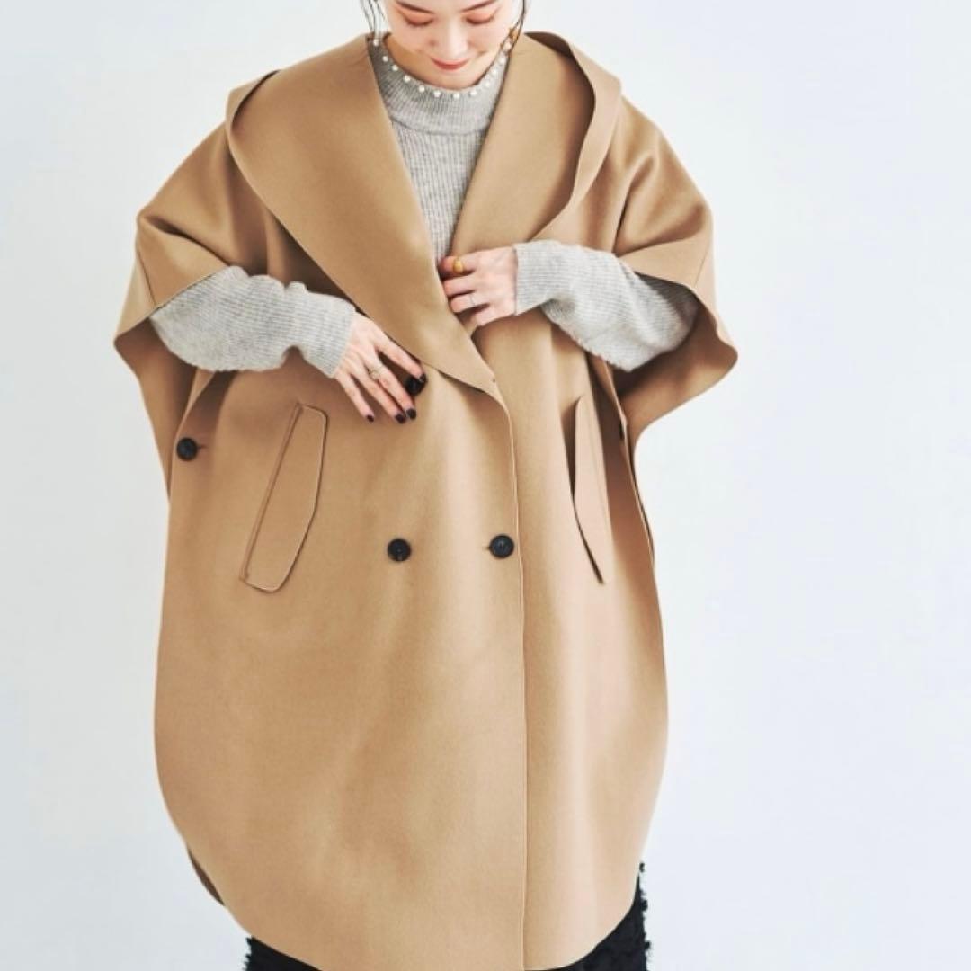 【高島屋購入品】Vaneum クロークフーディポンチョコート　キャメル　ウール