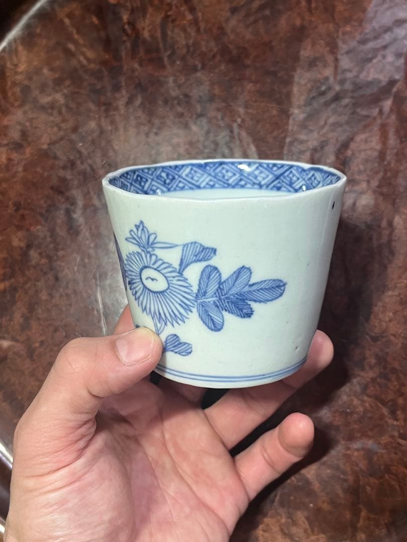 古伊万里 蕎麦猪口 菊 きく 線描 宝珠 軍配 団扇 経巻 宝巻 美品