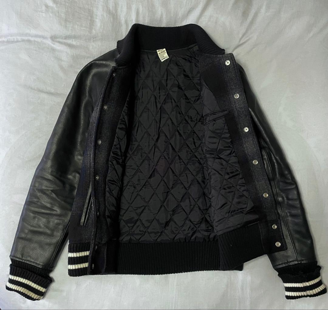 challenger スタジャン　レザー切り替え　オンブレチェック　紺　Mサイズ