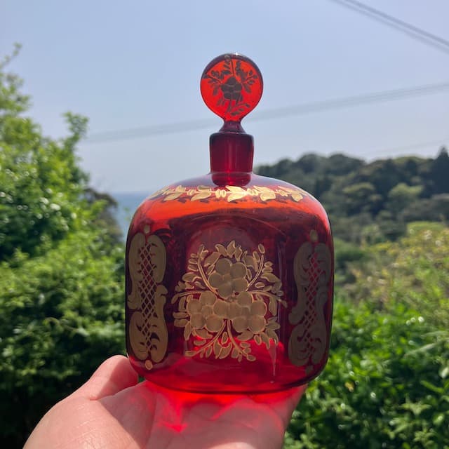 エナメル金彩 吹きガラス ルビーガラス パフューム ボトル リキュール