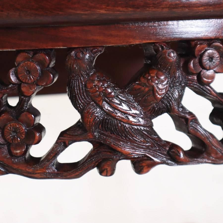 値下げ 銘木 唐木 花梨無垢 花鳥透かし彫り 違い棚 ハーフムーンコンソール