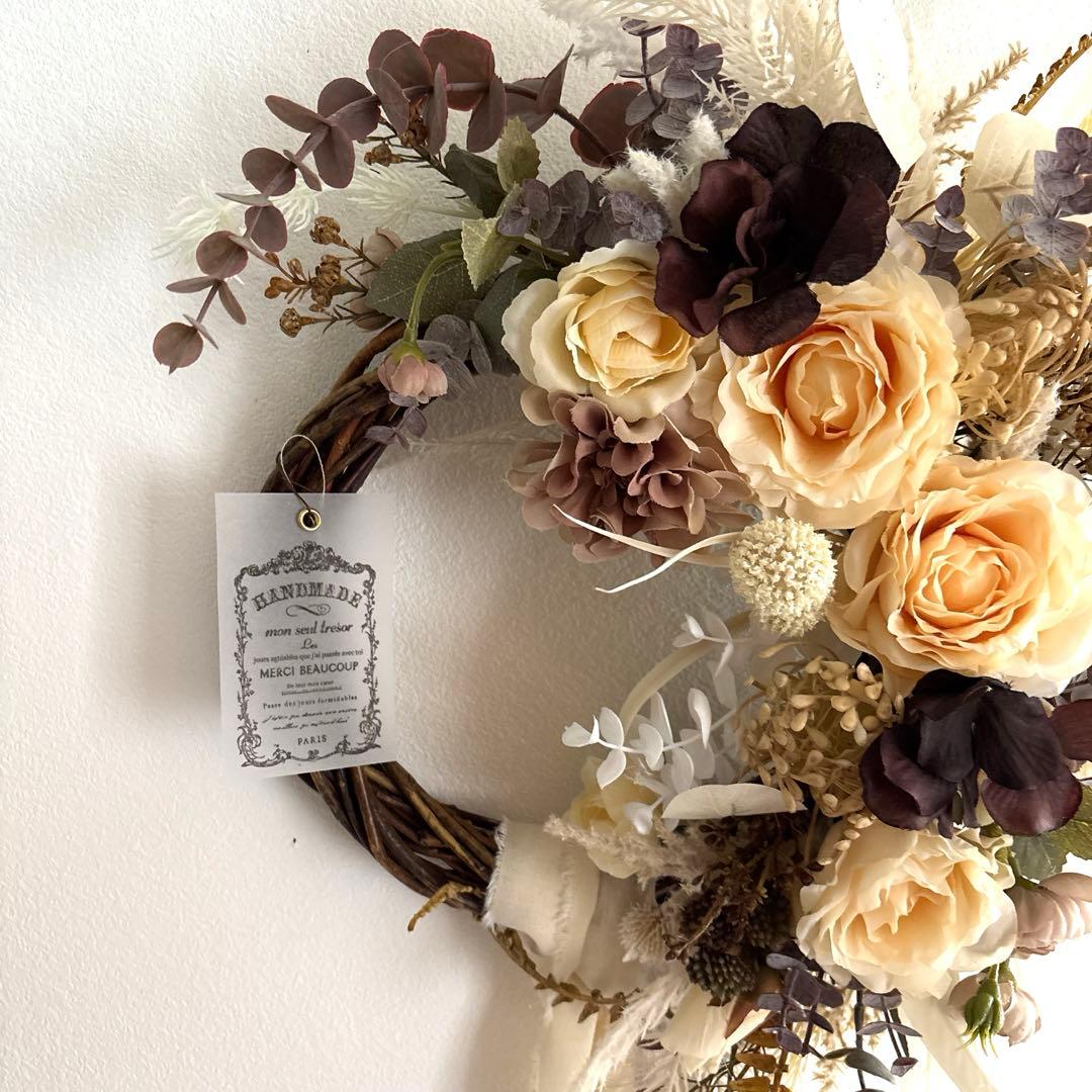 ☆Noel☆＊フラワーリース＊玄関リース　ローズとダリアのナチュラルリース