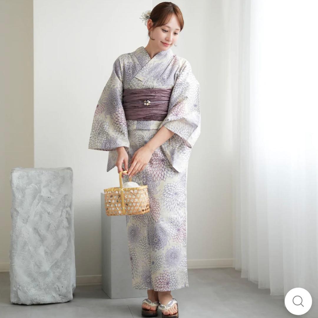 utatane ゆかた 先染め風ベージュに涼しげ糸菊　➕ 帯(ホワイト)