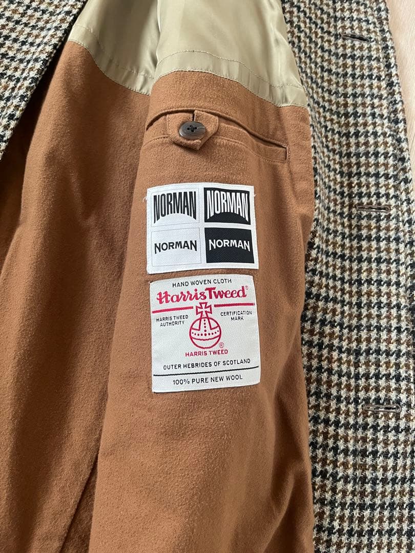 ハリスツィード　ステンカラーコート　千鳥　ブラウン