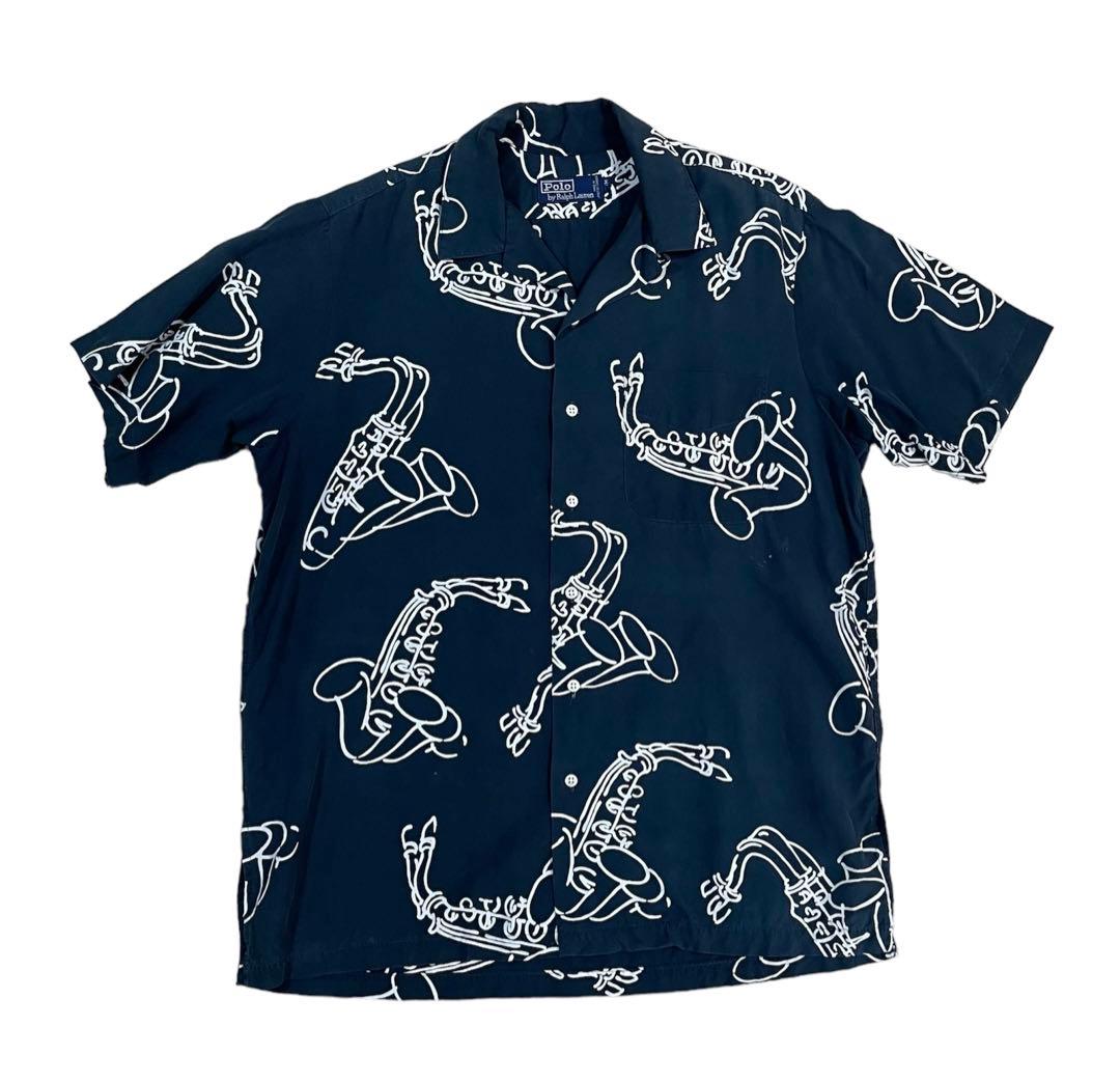 90s vintage ラルフローレン オープンカラー シャツ サックス柄 M