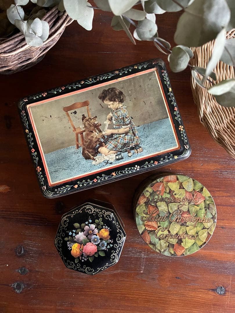◇フランス雑貨｜ティン缶セットブリキ缶お菓子箱ケースサビあり花柄