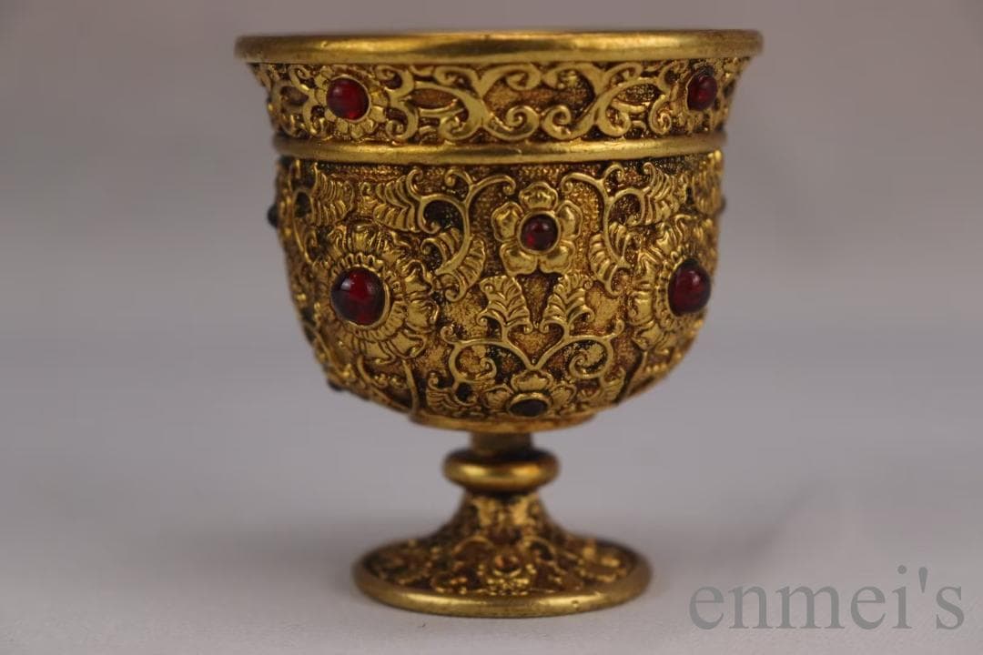 中国古美術 旧蔵清代 鍍金銅酒杯 嵌宝石酒器 精銅製 鍍金 文房 酒具 純手作り