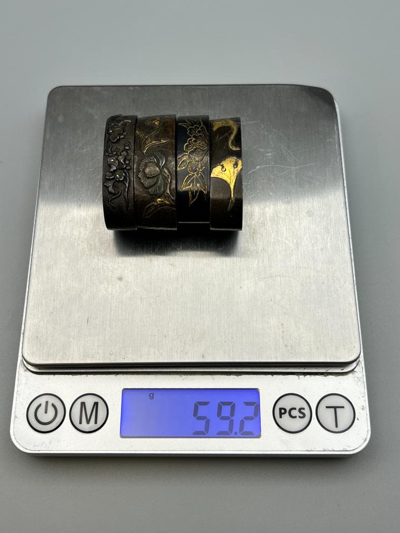 海】江戸明治期 日本刀装具 花図 牡丹 金象嵌 縁頭 4点