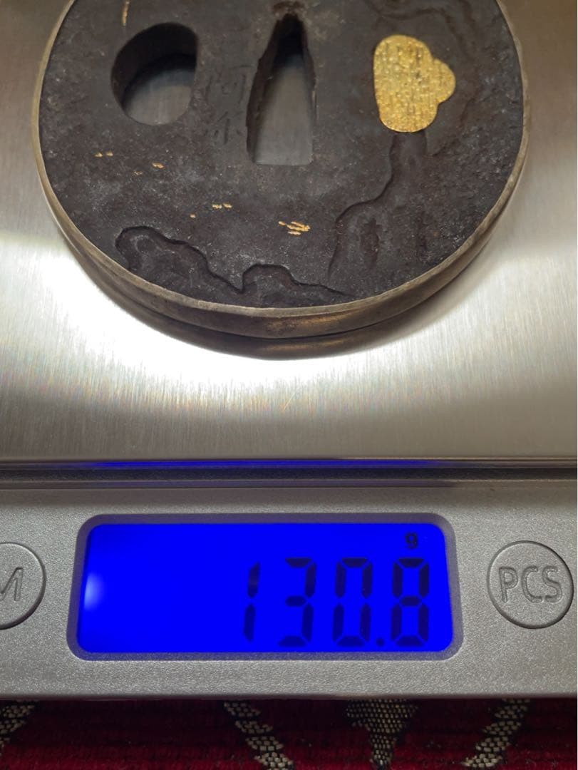 鉄製 鍔 鐔 木箱入り 金 象嵌 銀 覆輪 正阿弥銘 骨董 江戸 希少 脇差